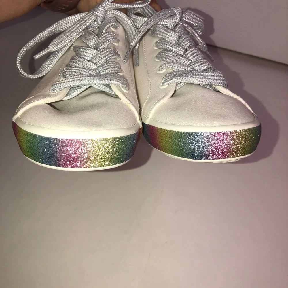Gap‎ kids cream canvas shoes rainbow sparkly trim & silver laces size 4 sneakers